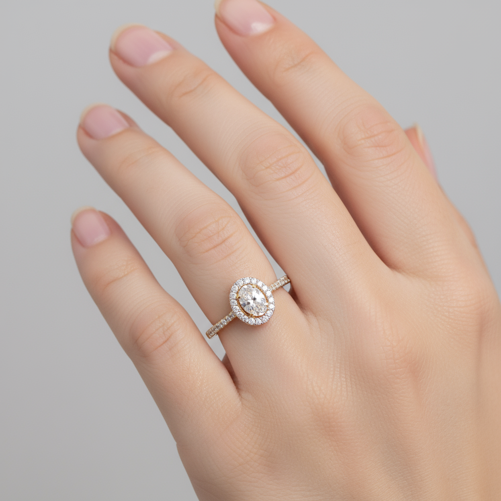 Generated image of a female model wearing small-sized two-tone gold halo ring with oval diamond