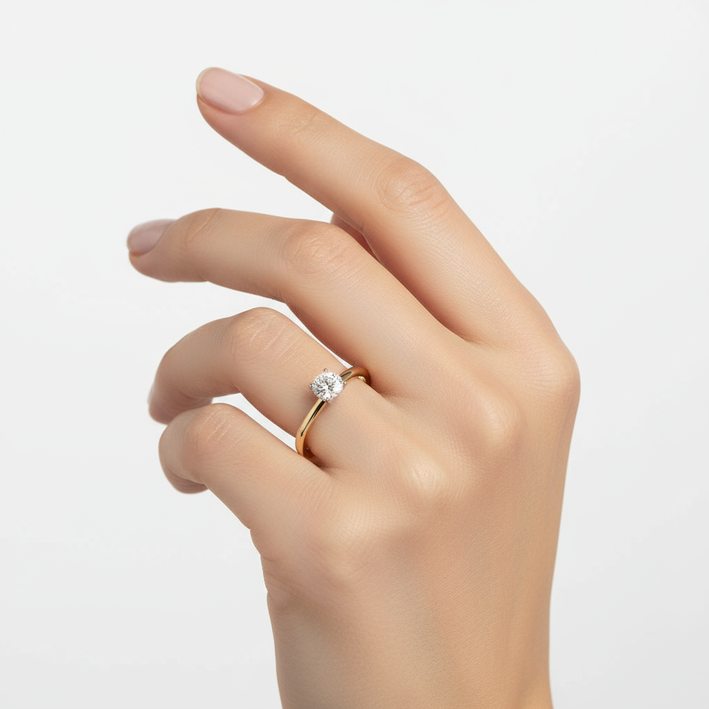 Generated image of a female model wearing small-sized two-tone gold solitaire diamond ring