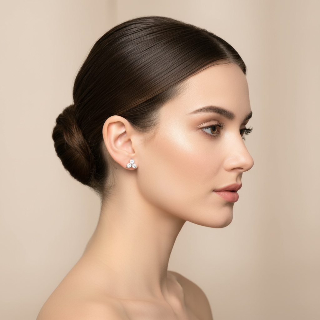 Generated image of a female model wearing small-sized two-tone gold tri-petal diamond stud earring
