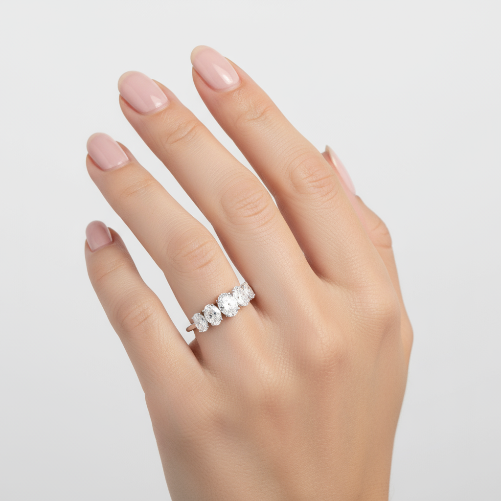 Generated image of a female model wearing small-sized white gold five-stone oval diamond ring