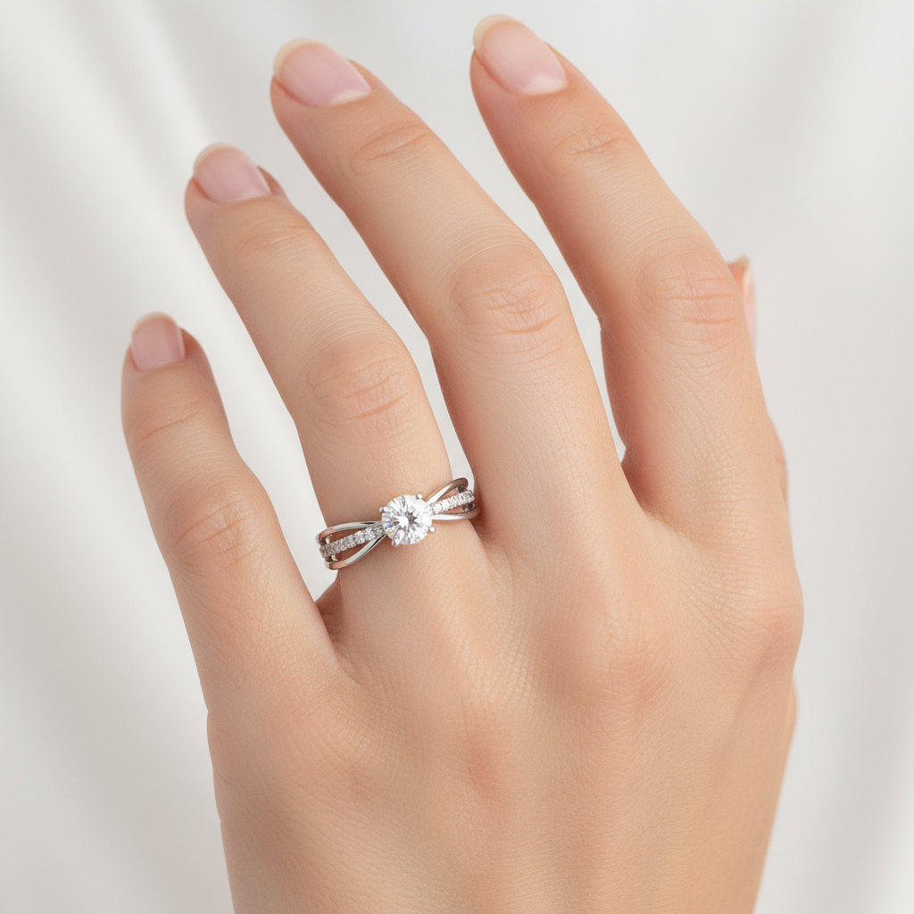 Generated image of a female model wearing small-sized white gold solitaire ring with split pavé diamond band