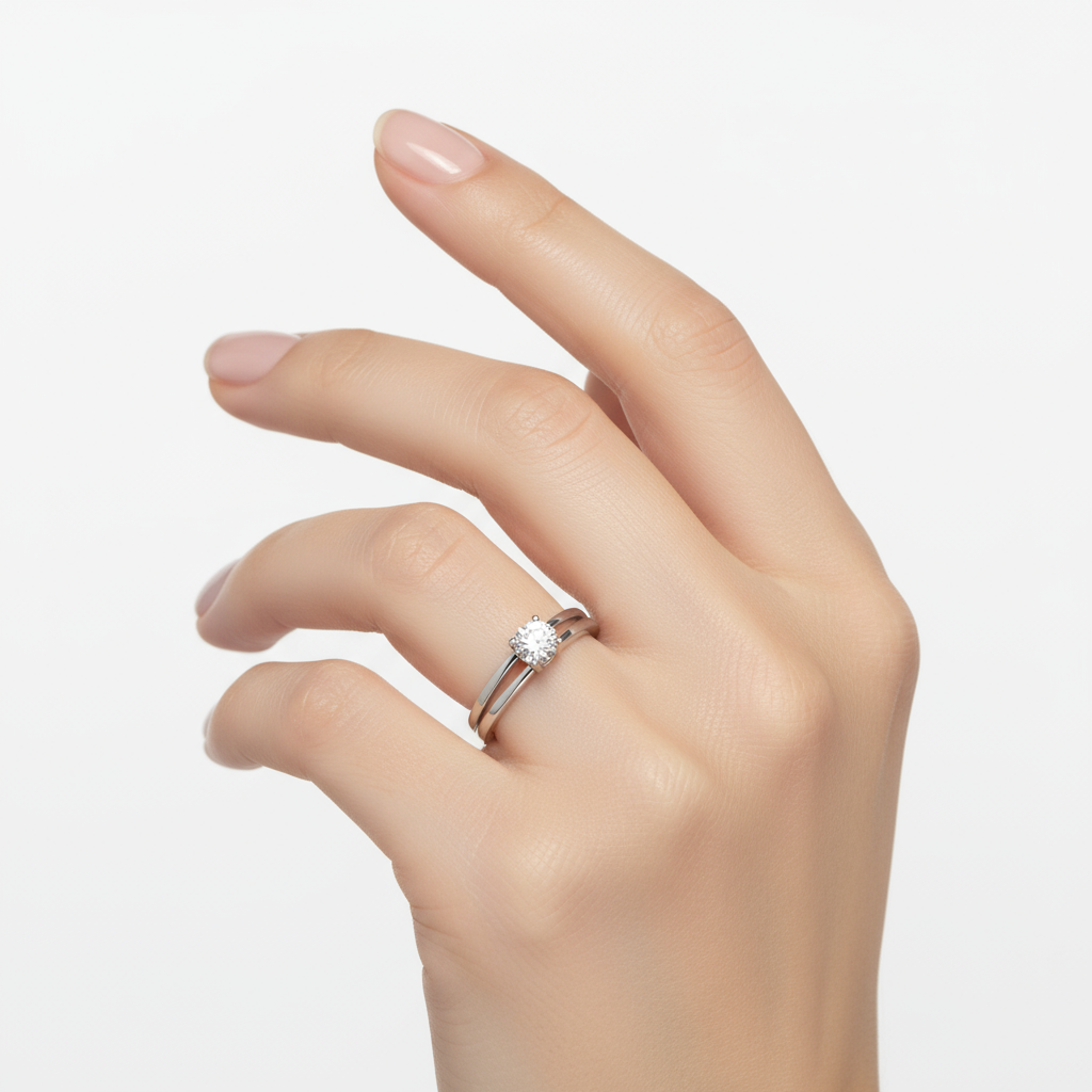 Generated image of a female model wearing small-sized white gold solitaire ring with triple band design