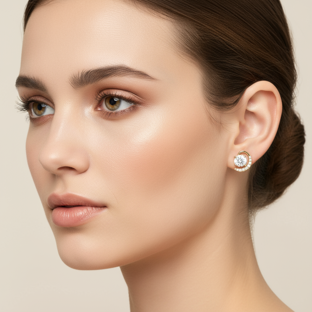 Generated image of a female model wearing small-sized yellow gold and diamond crescent moon stud earrings