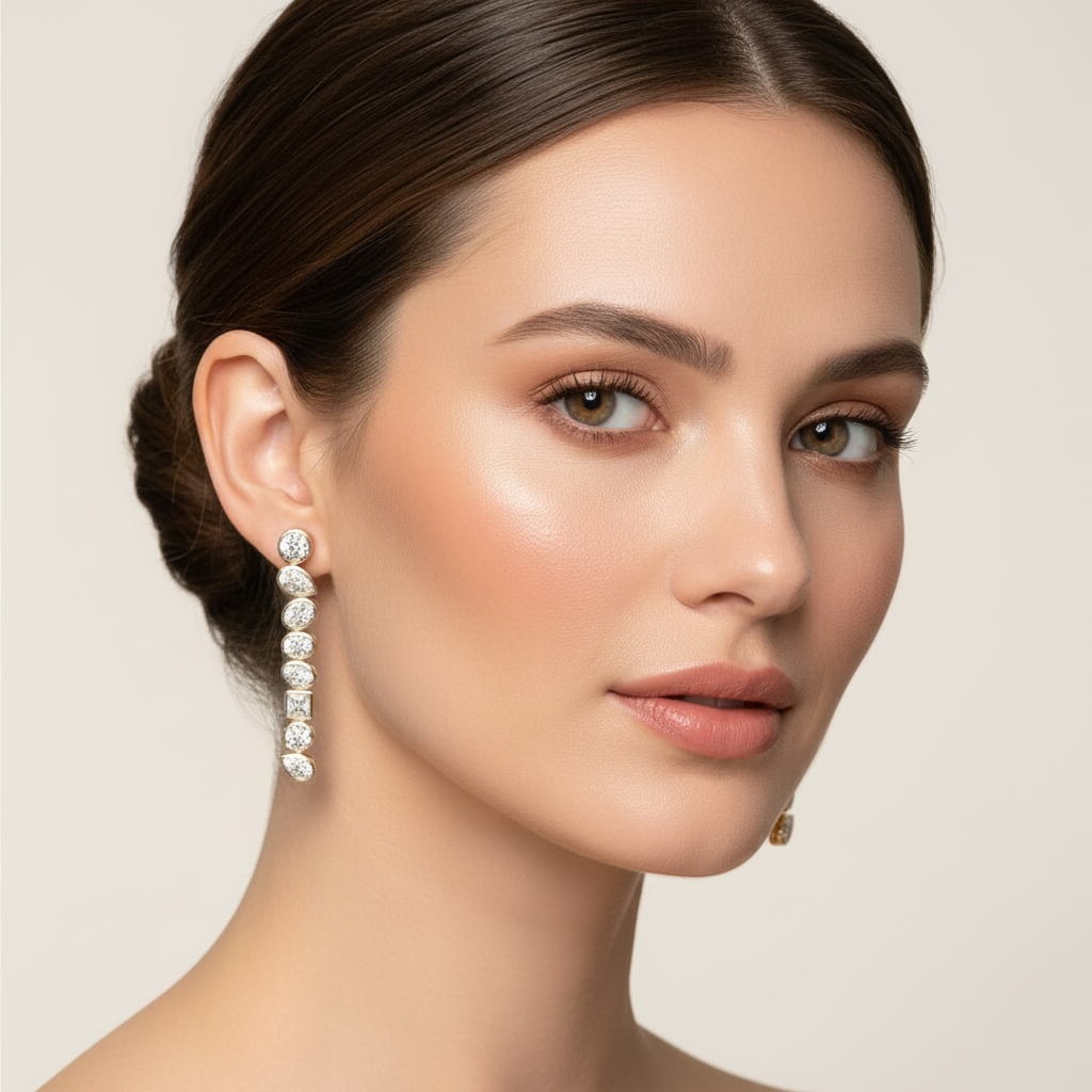 Generated image of a female model wearing small-sized yellow gold and mixed-cut diamond drop earrings