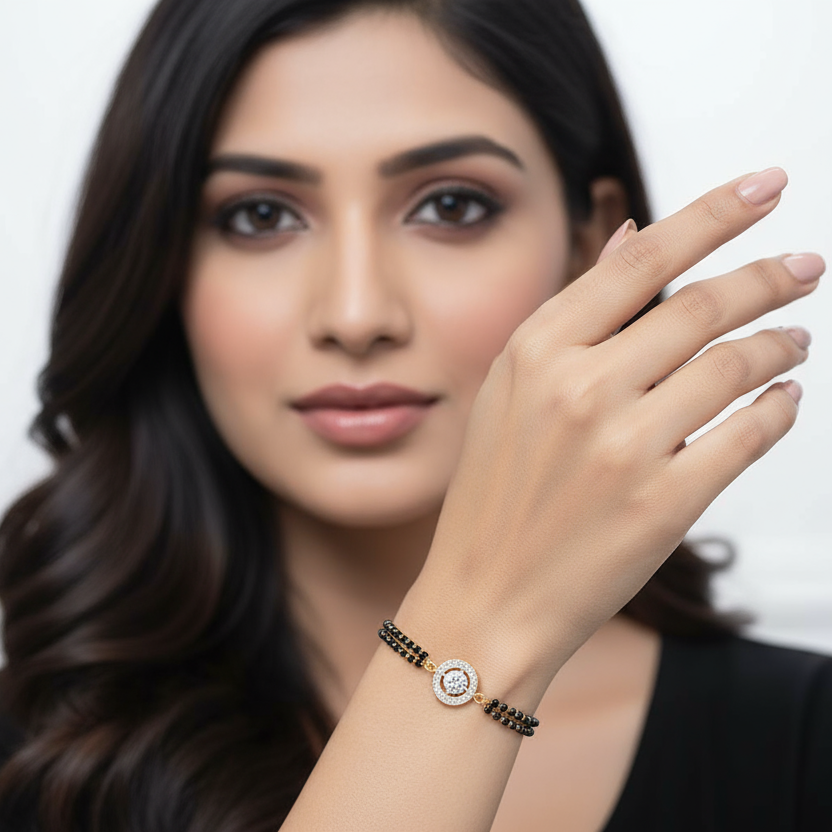 Generated image of a female model wearing small-sized yellow gold mangalsutra with diamond halo pendant and black beads