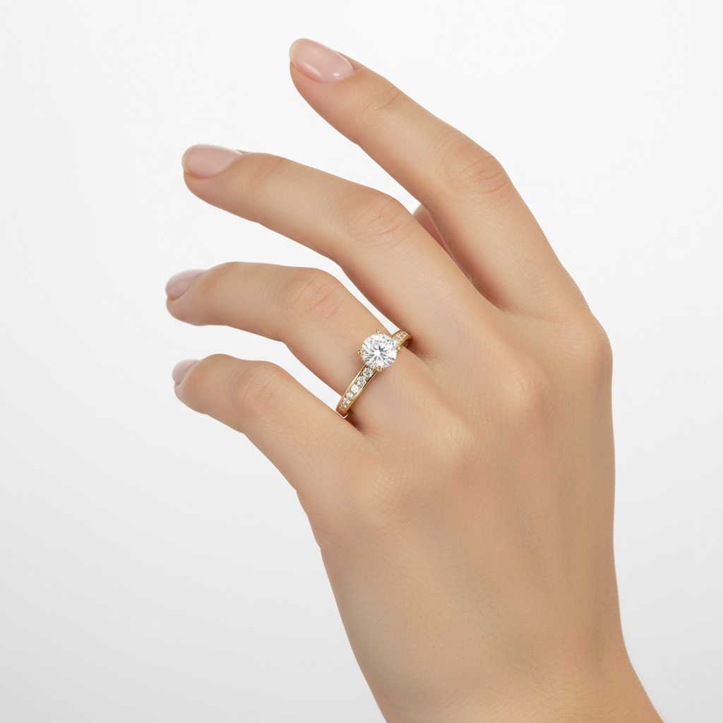 Generated image of a female model wearing small-sized yellow gold solitaire diamond ring with pavé band