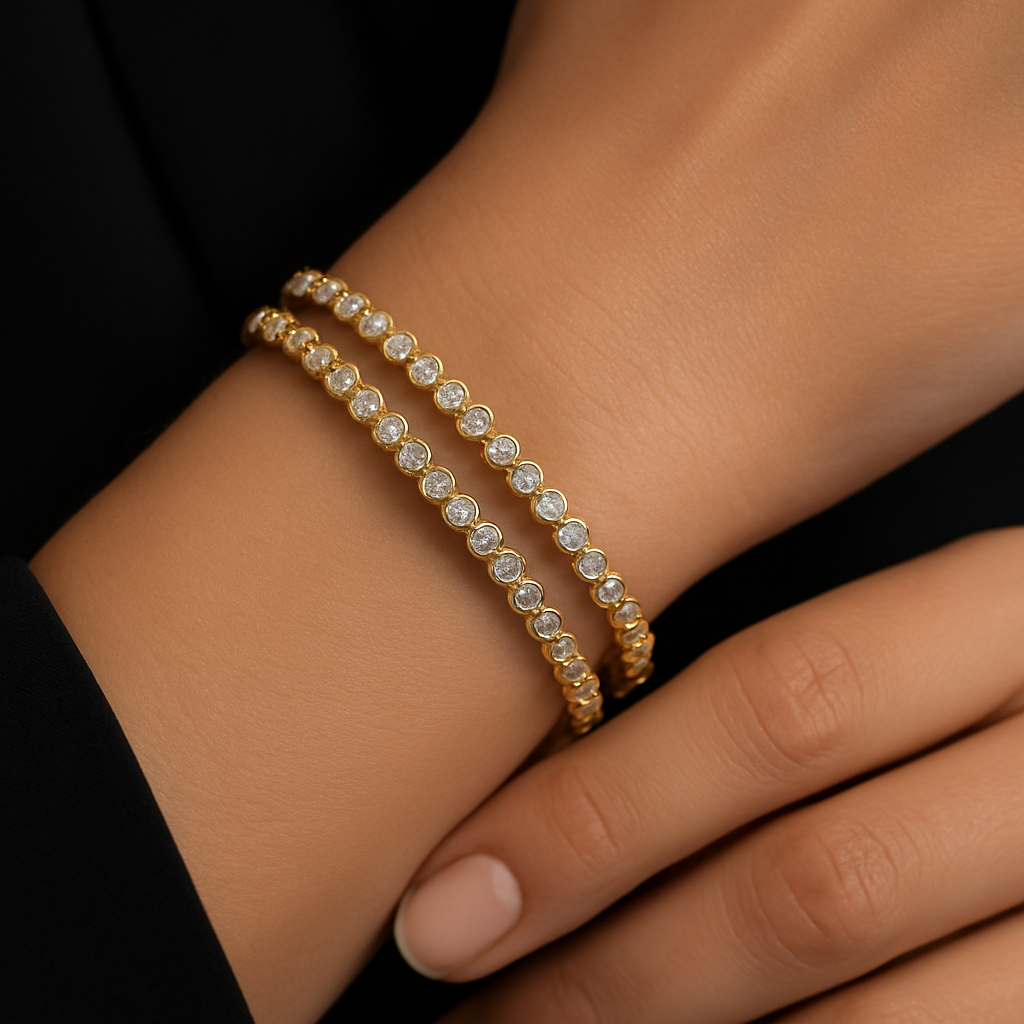 Generated image of a female model wearing the diamond bracelets in small size