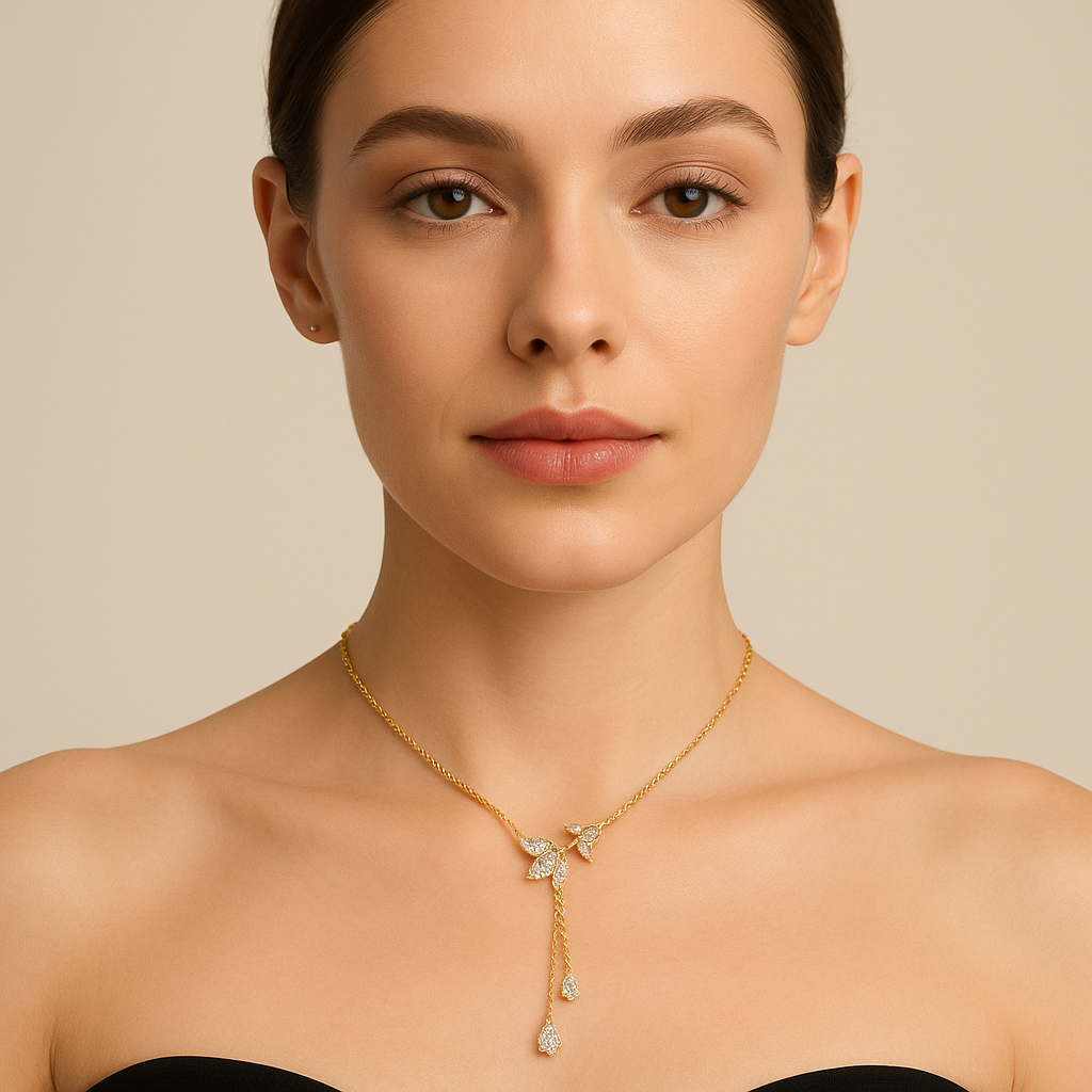 Generated image of a female model wearing the diamond butterfly lariat necklace in small size