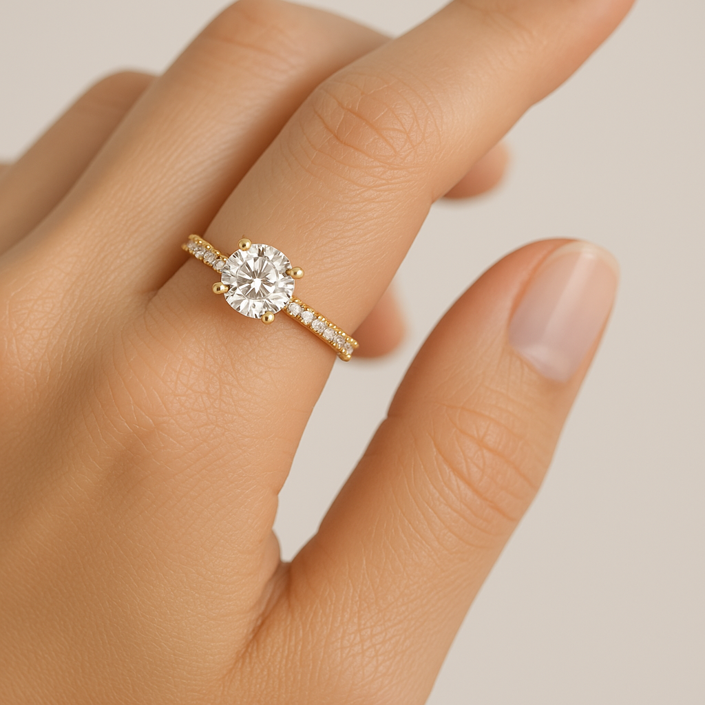 Generated image of a female model wearing the diamond engagement ring in small size