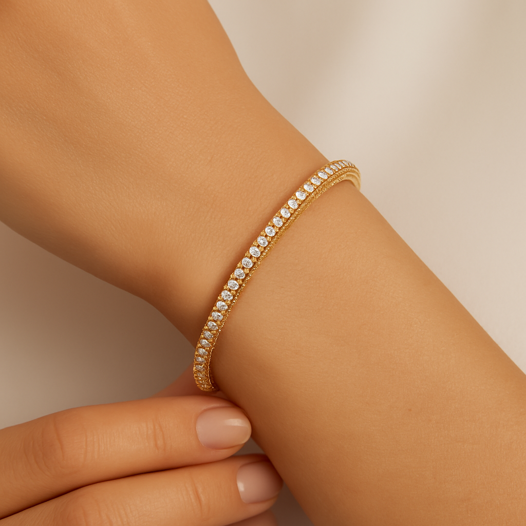 Generated image of a female model wearing the diamond eternity bangle with Greek key pattern in small size