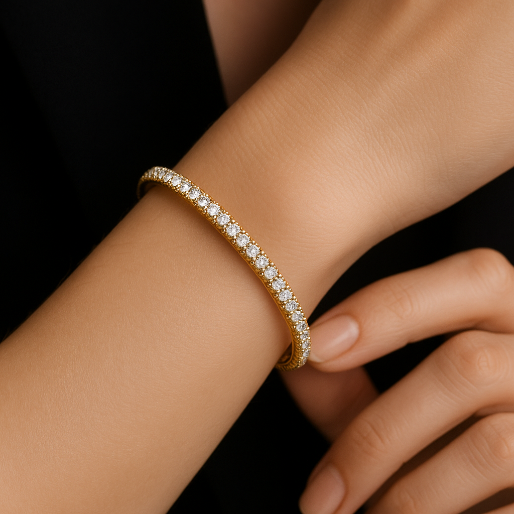 Generated image of a female model wearing the diamond eternity bracelet in small size