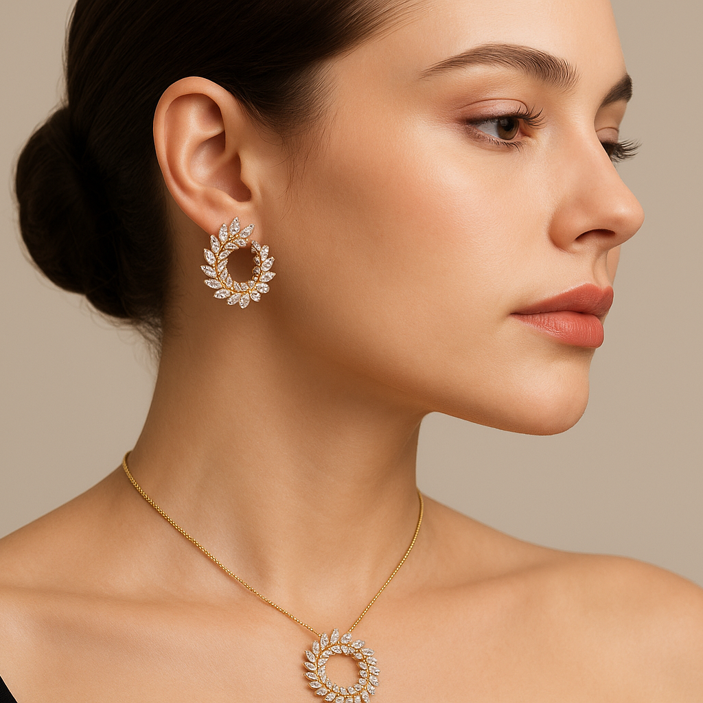 Generated image of a female model wearing the diamond leaf earrings and pendant set