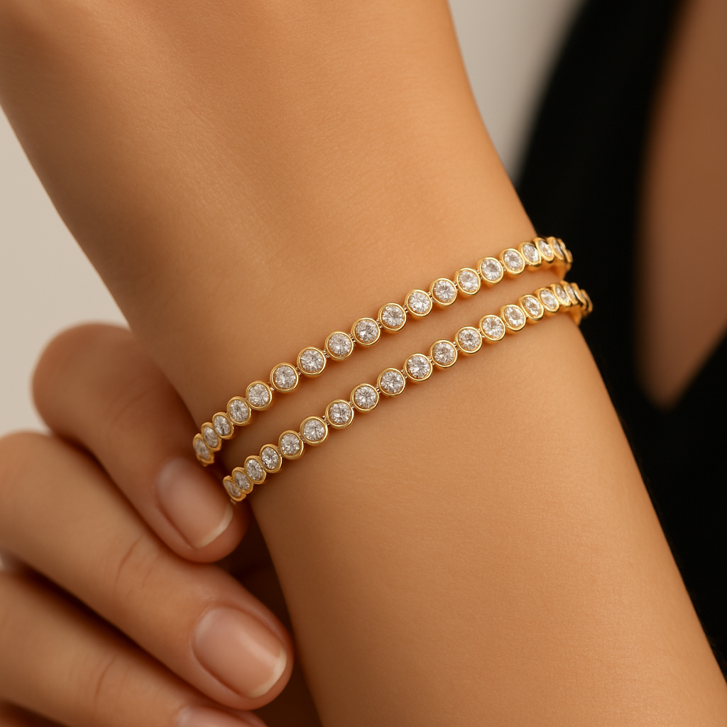 Generated image of a female model wearing the diamond tennis bangles in small size