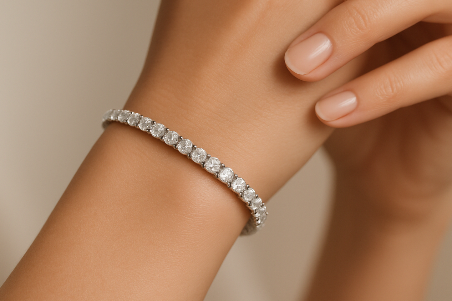 Generated image of a female model wearing the diamond tennis bracelet