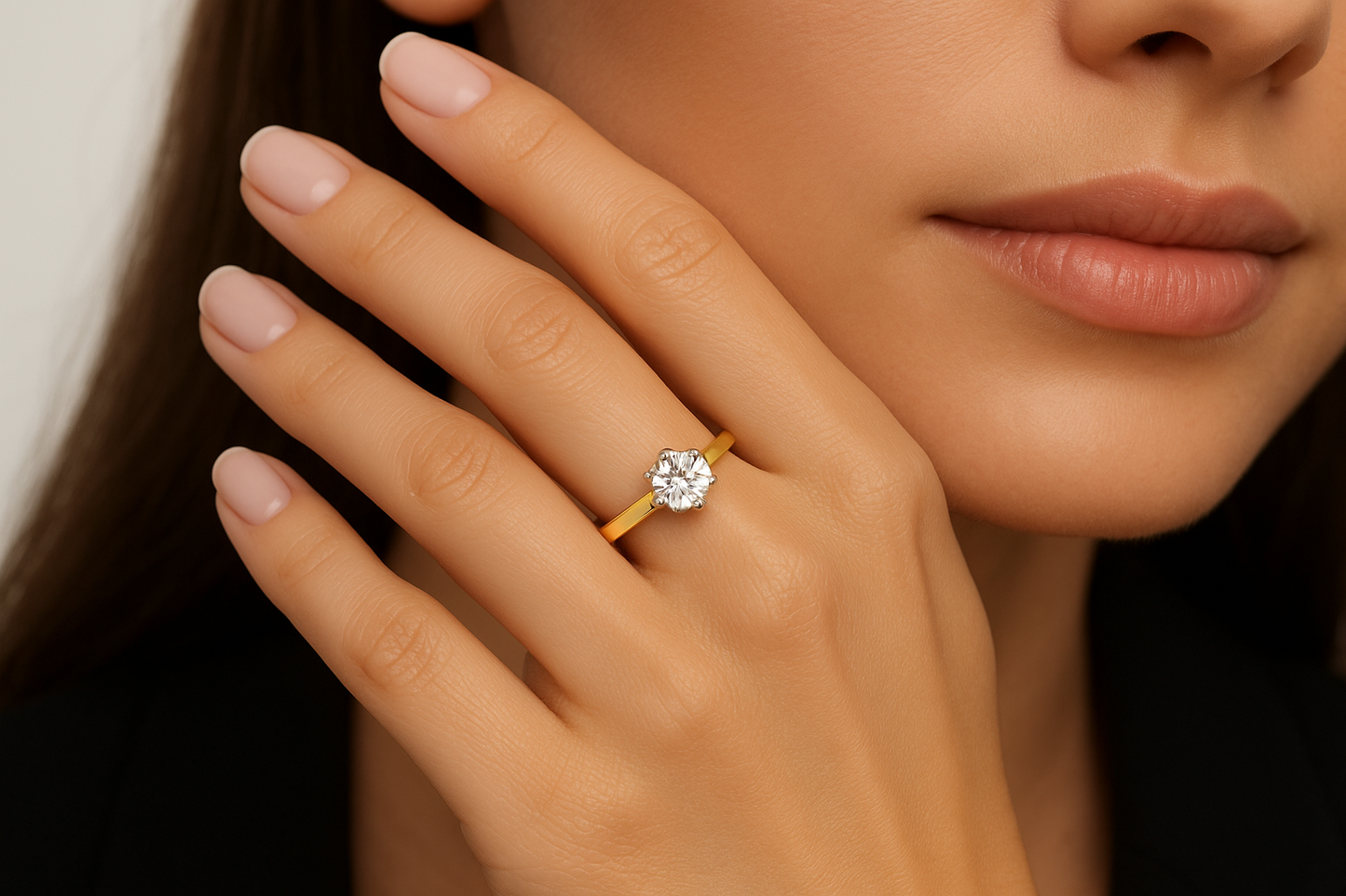 Generated image of a female model wearing the elegant diamond solitaire ring