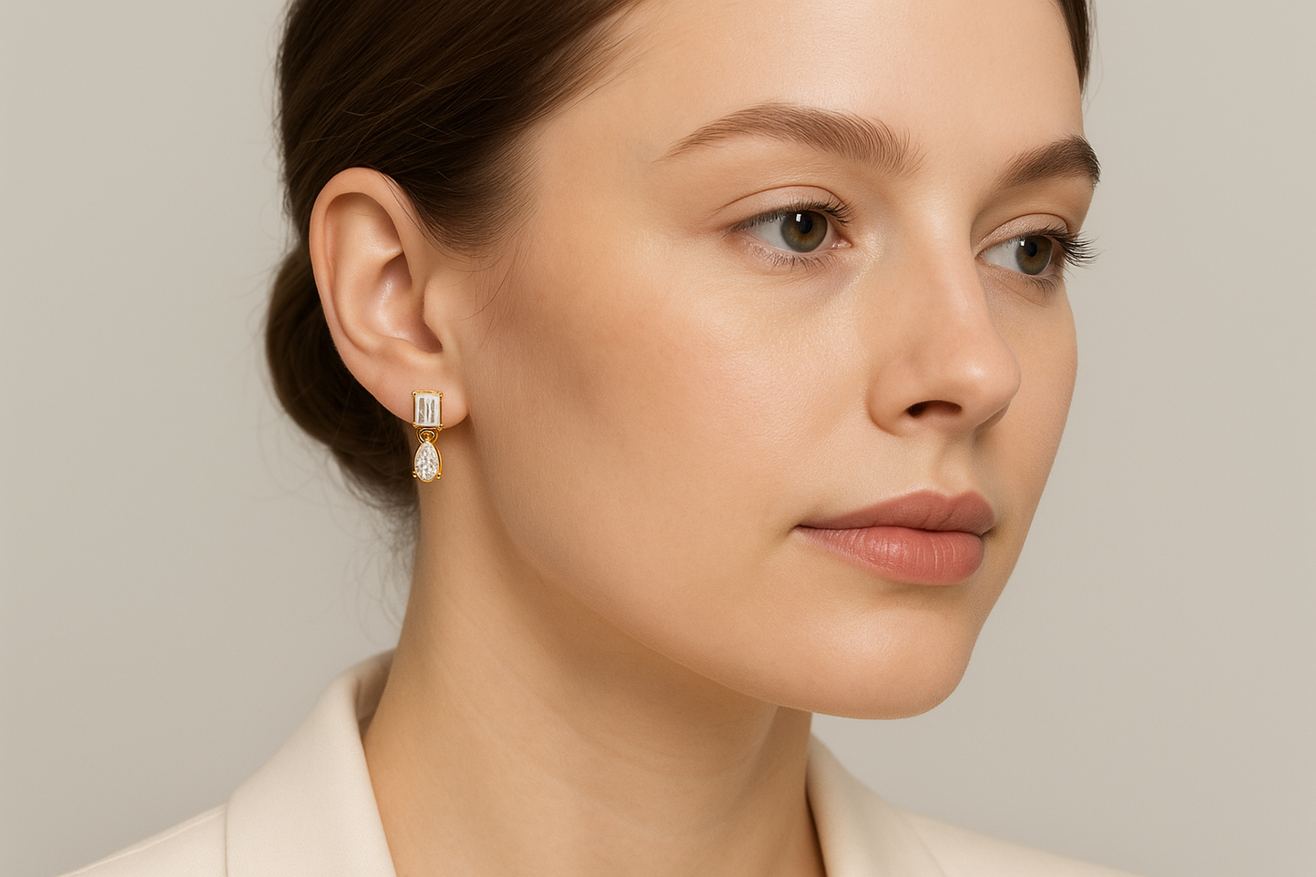 Generated image of a female model wearing the gold and diamond drop earrings in a smaller size
