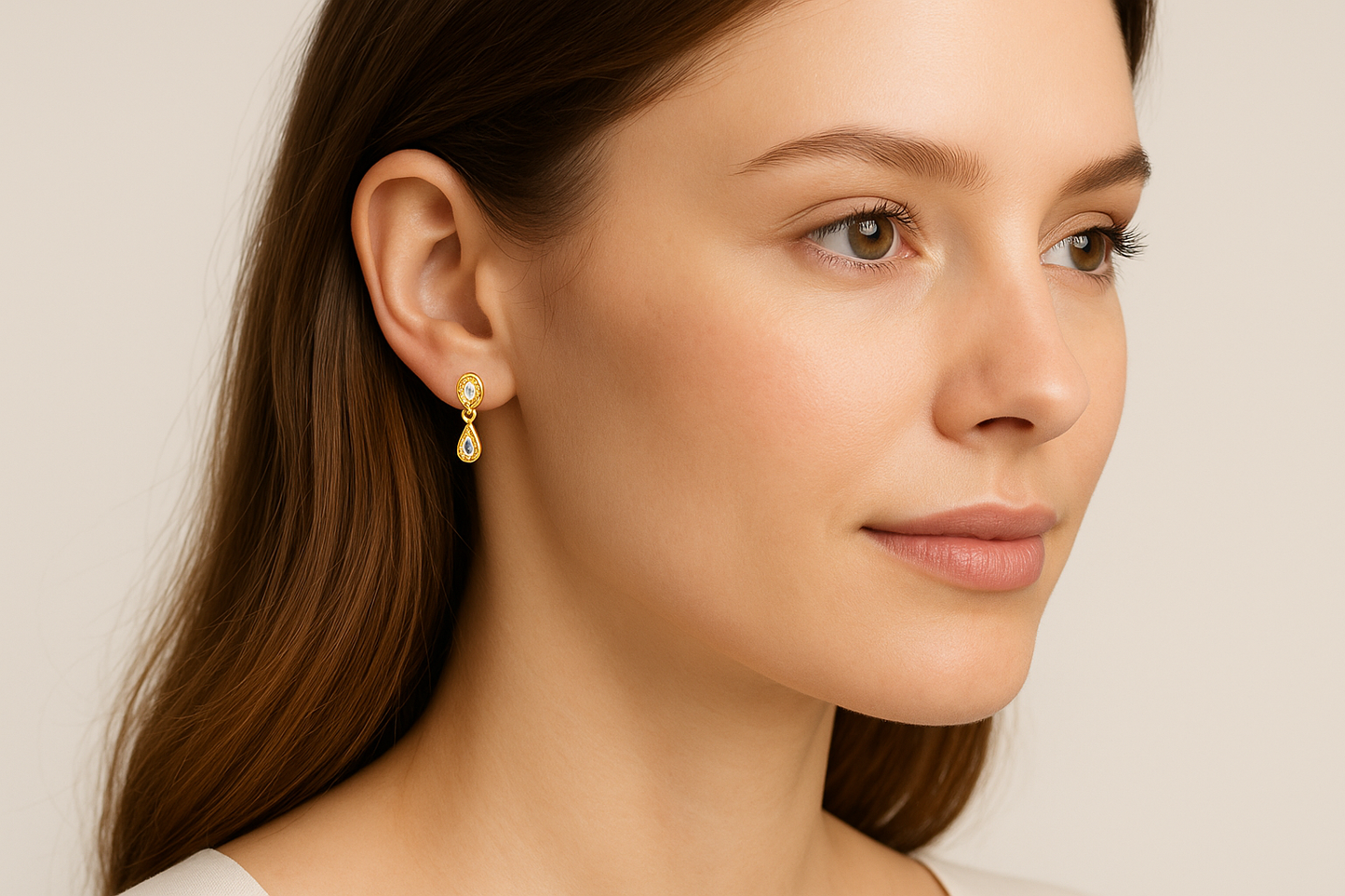 Generated image of a female model wearing the gold and diamond drop earrings in a smaller size
