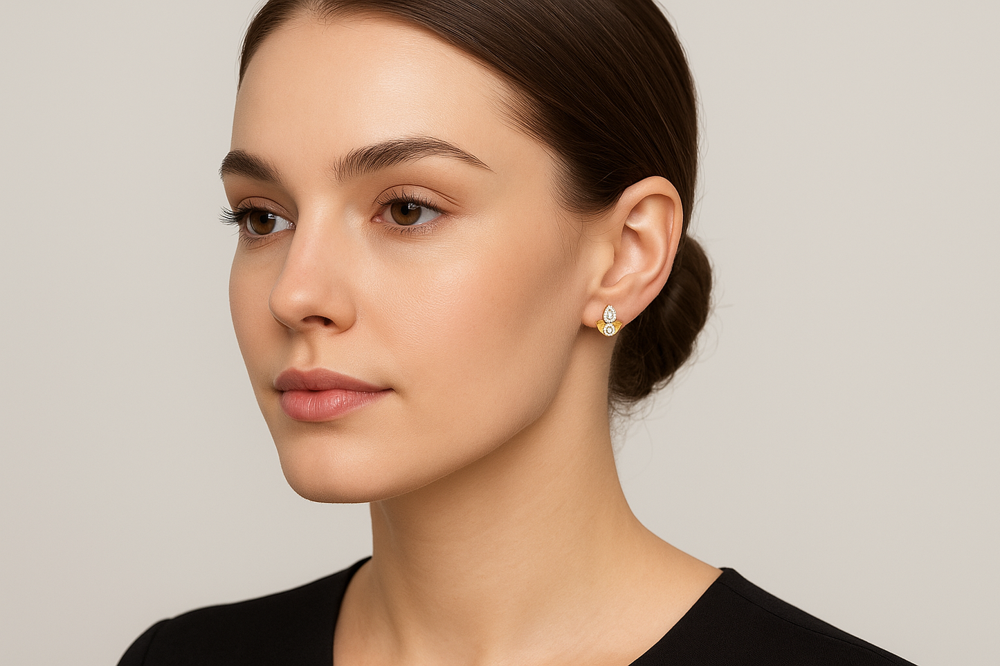 Generated image of a female model wearing the gold and diamond earrings in a smaller size