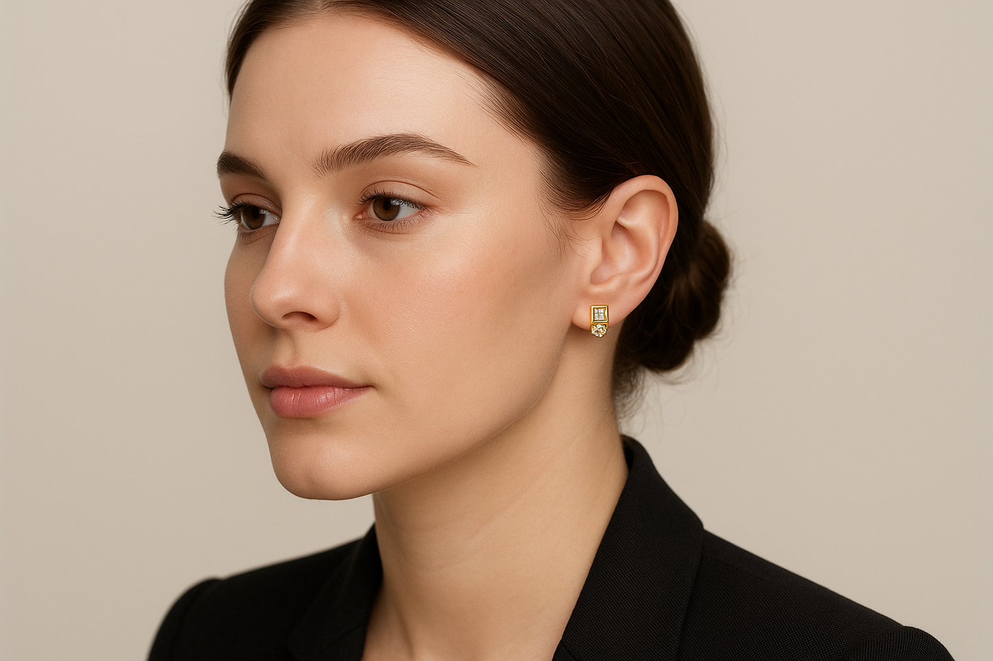 Generated image of a female model wearing the gold and diamond earrings in a smaller size