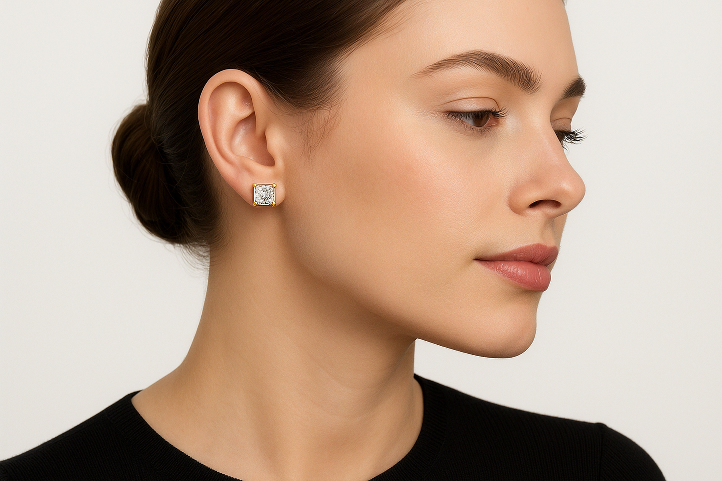 Generated image of a female model wearing the gold and diamond princess-cut stud earrings