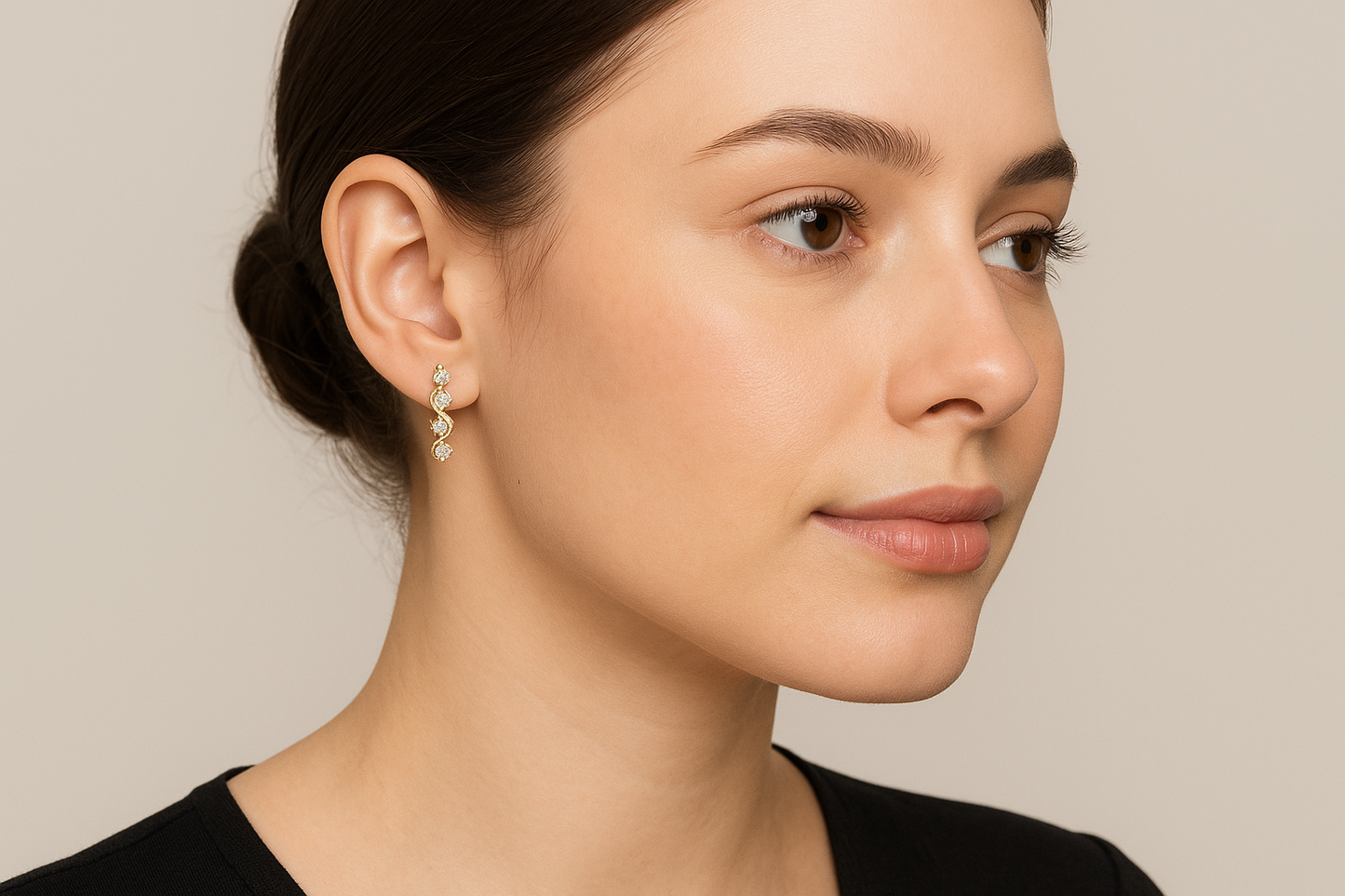 Generated image of a female model wearing the gold and diamond spiral earrings in a smaller size