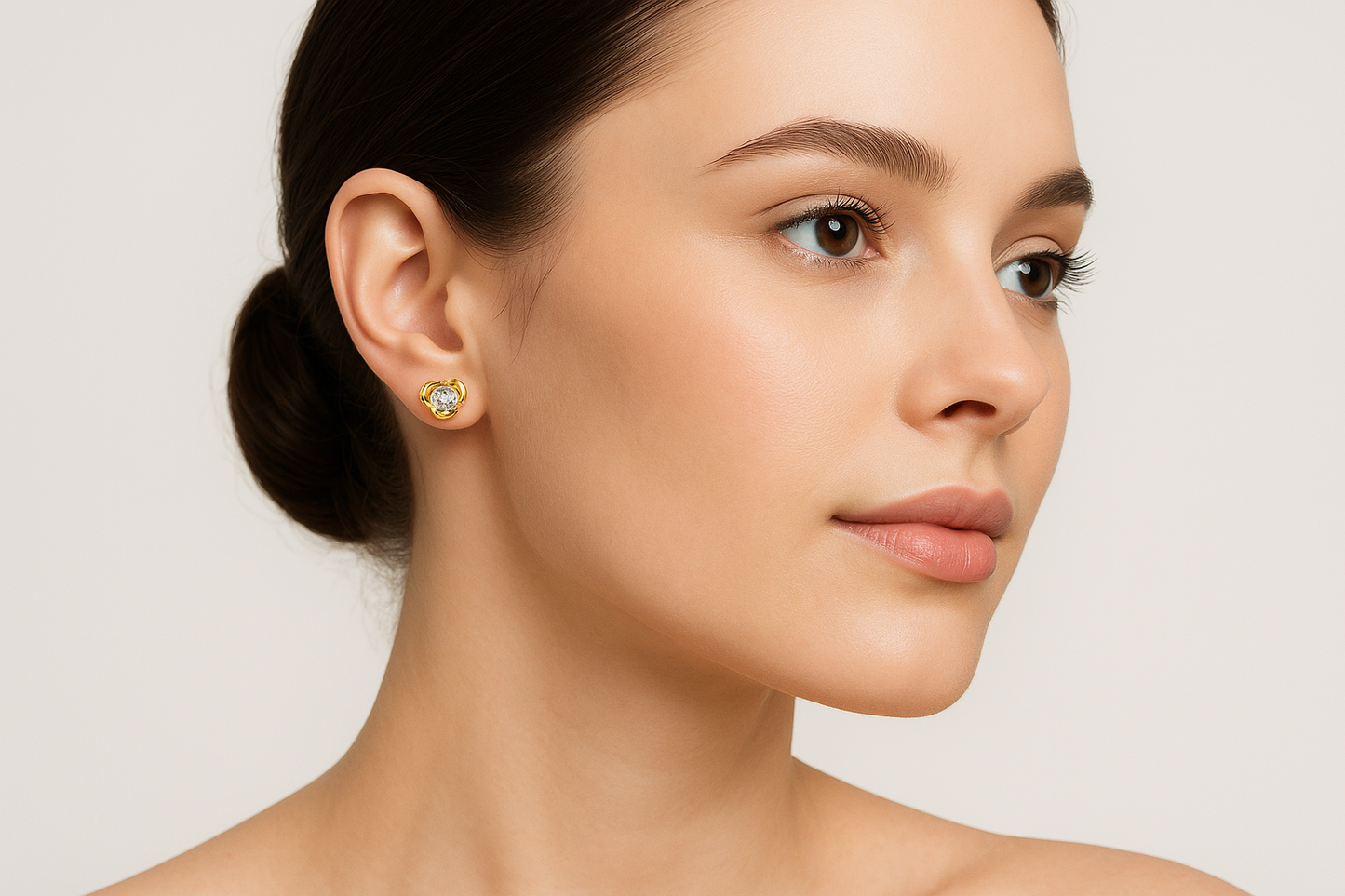 Generated image of a female model wearing the gold and diamond stud earrings