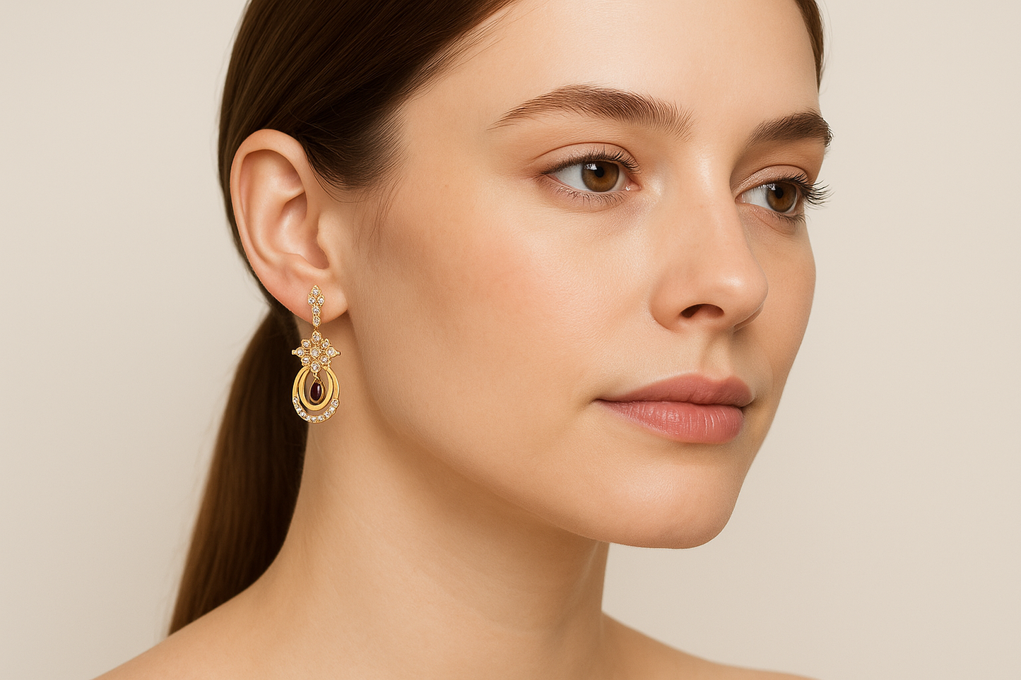 Generated image of a female model wearing the gold, diamond, and ruby statement earrings in a smaller size