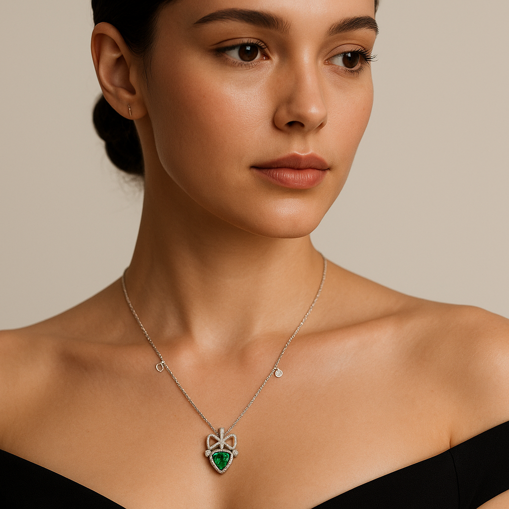 Generated image of a female model wearing the heart-shaped emerald necklace in small size