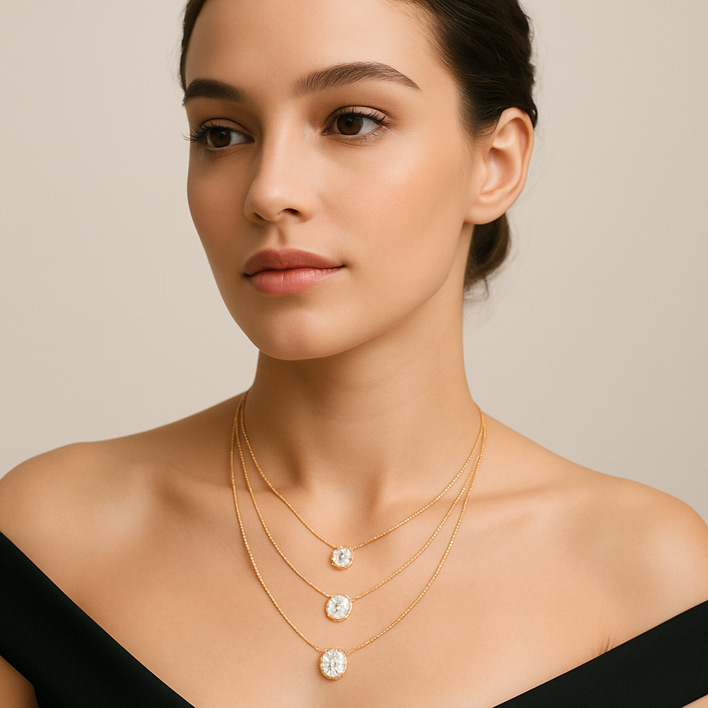 Generated image of a female model wearing the layered diamond necklace in small size
