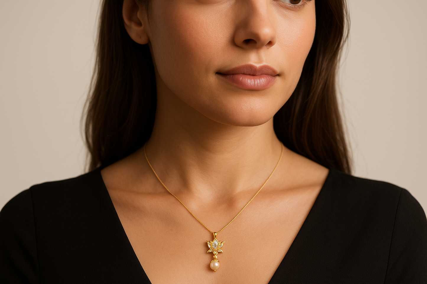 Generated image of a female model wearing the lotus flower pendant