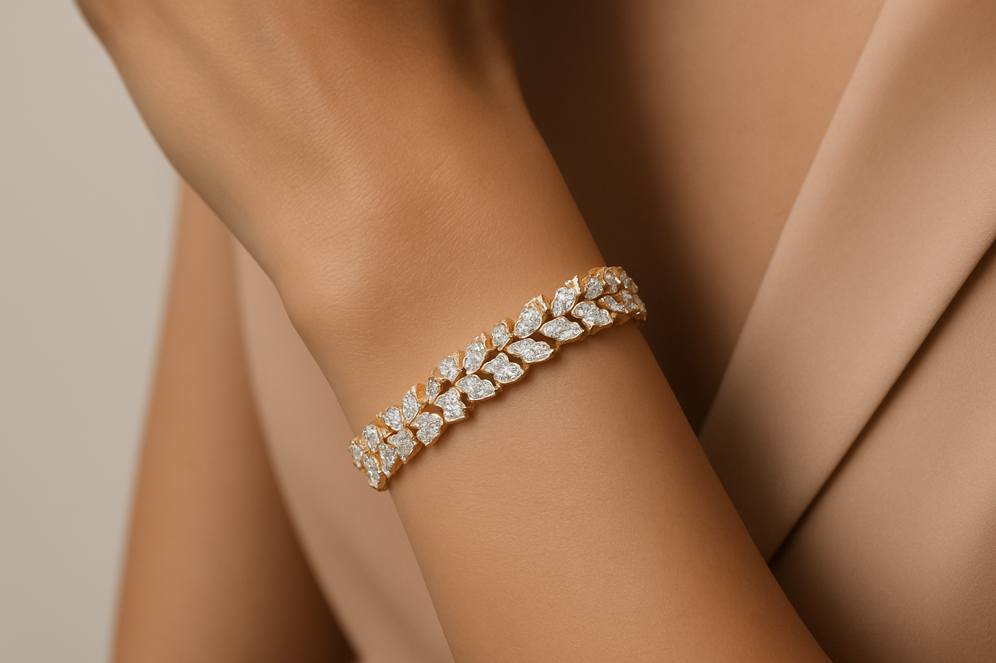 Generated image of a female model wearing the marquise diamond bracelet