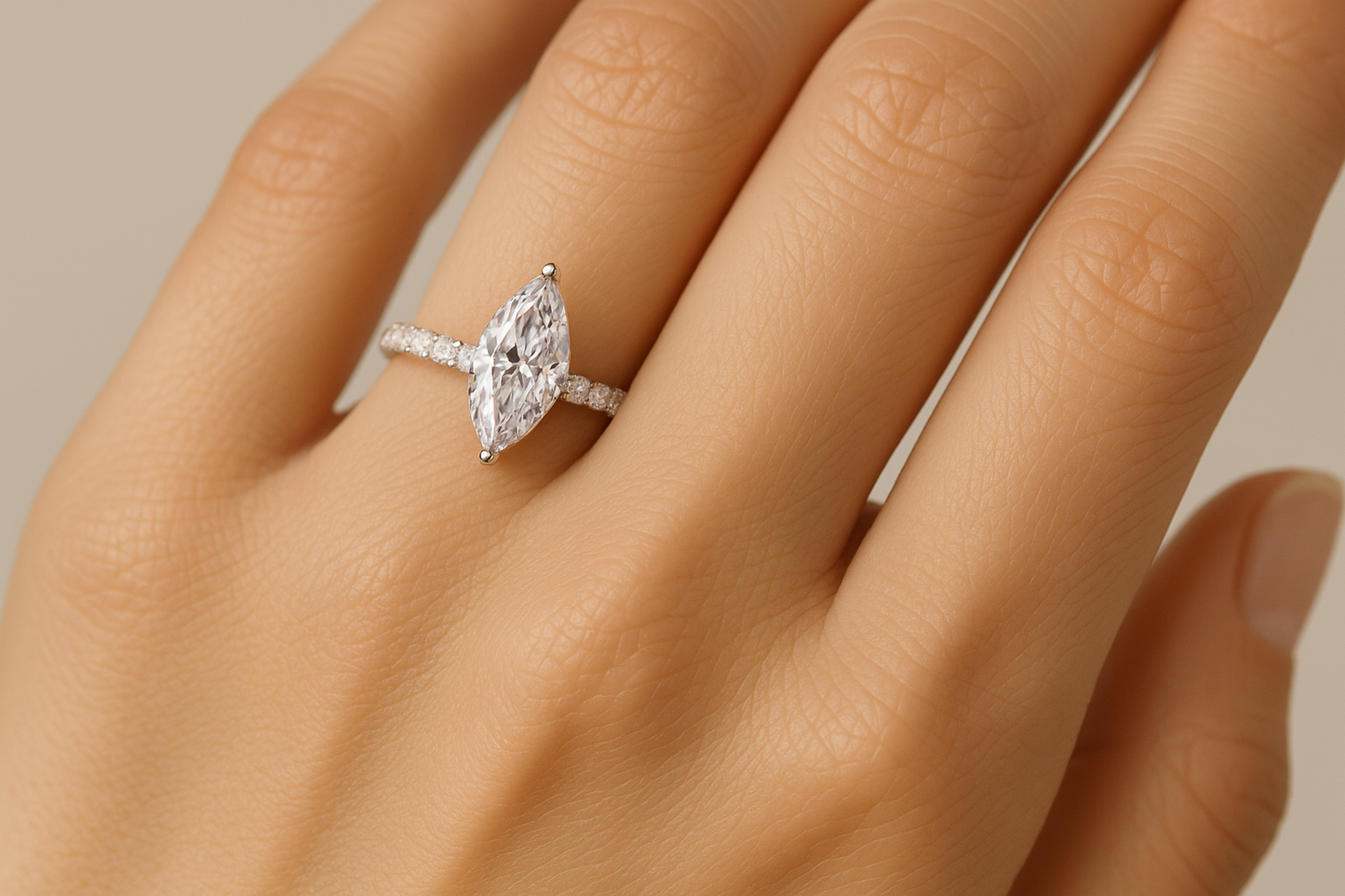 Generated image of a female model wearing the marquise diamond ring