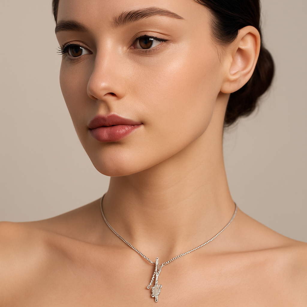 Generated image of a female model wearing the modern diamond pendant necklace