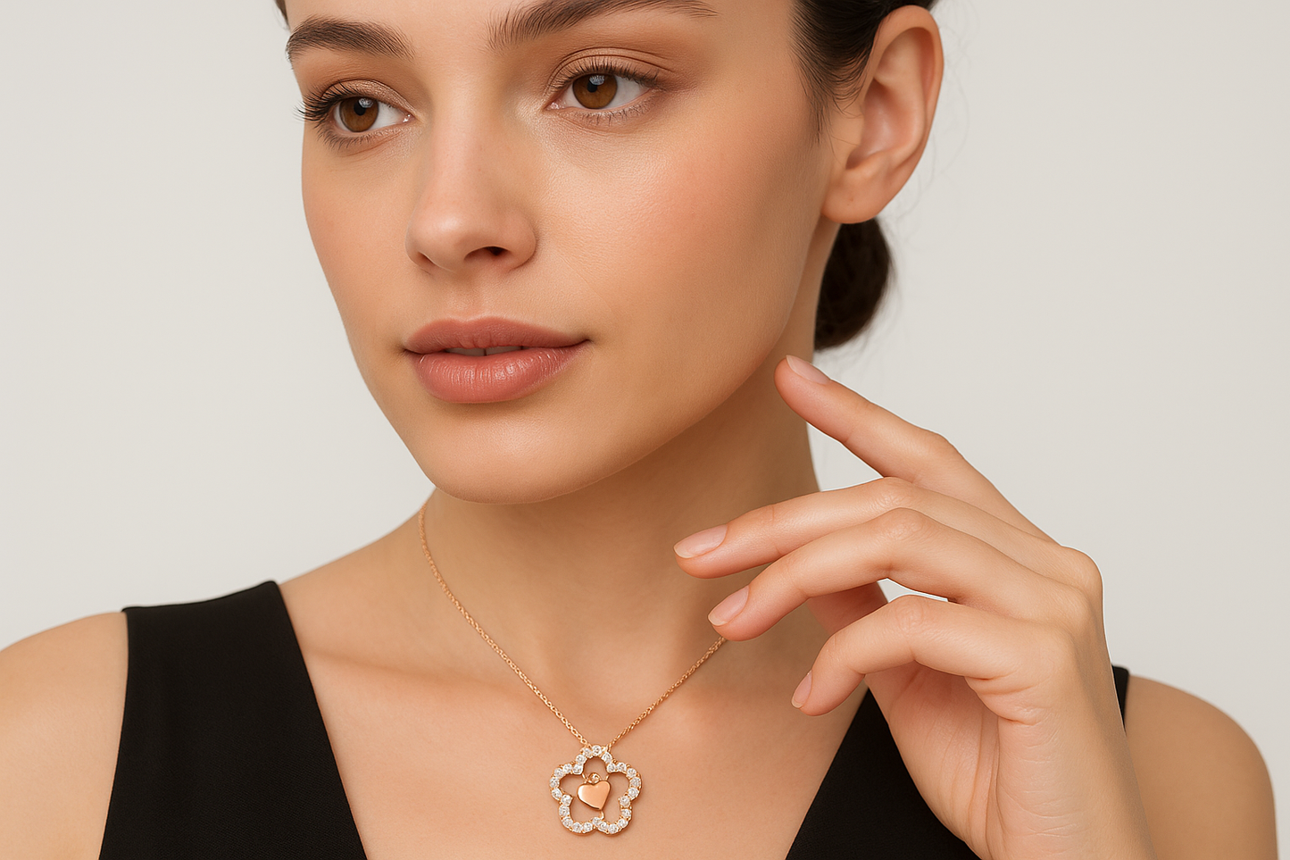 Generated image of a female model wearing the rose gold and diamond flower pendant
