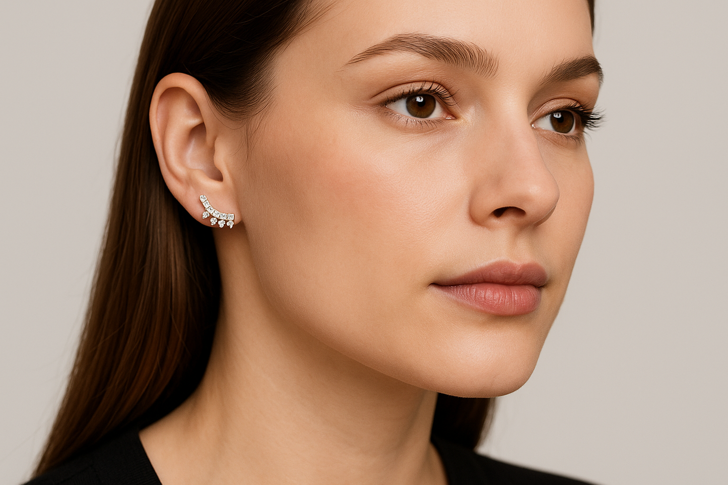 Generated image of a female model wearing the white gold and diamond ear climber earrings in a smaller size