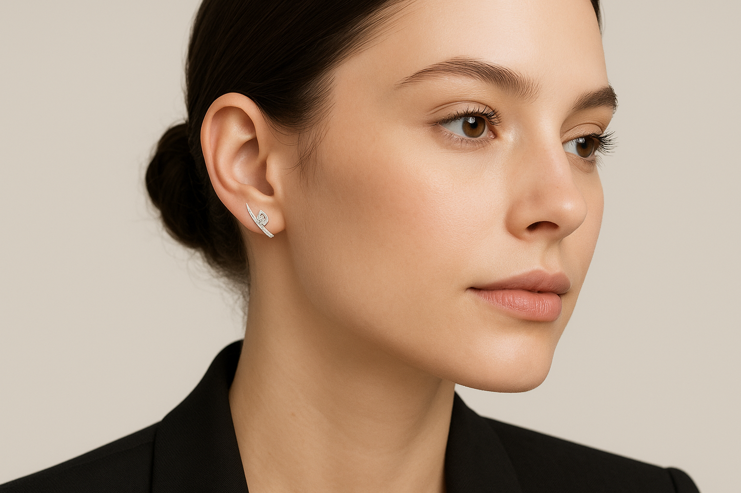 Generated image of a female model wearing the white gold and diamond ear climbers in a smaller size