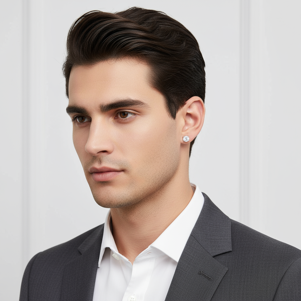 Generated image of a male model wearing small-sized white gold diamond stud earrings