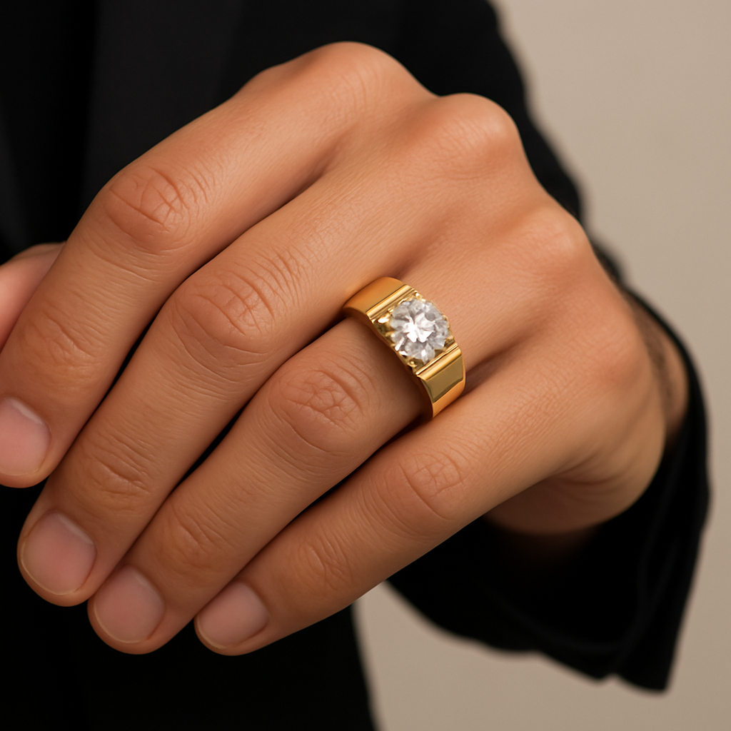 Generated image of a male model wearing the diamond solitaire ring in small size