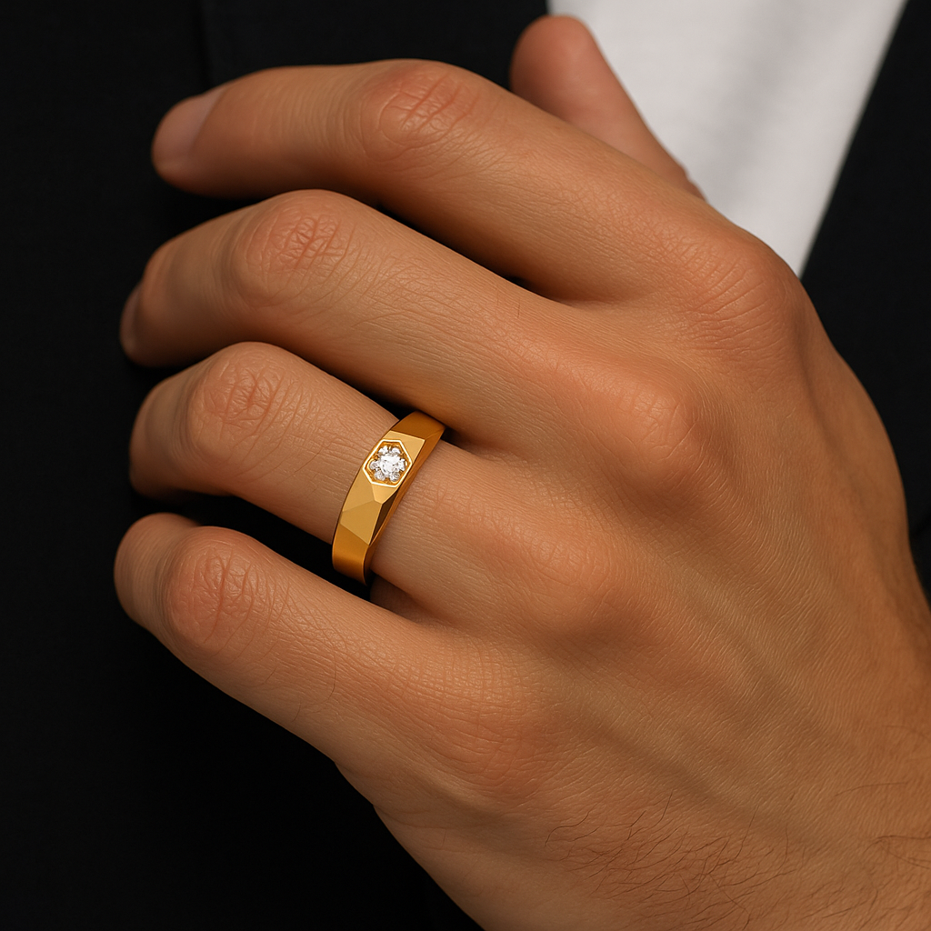 Generated image of a male model wearing the geometric diamond ring in small size