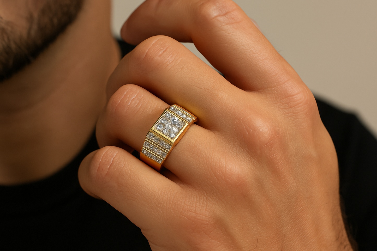 Generated image of a male model wearing the men's diamond ring in small size