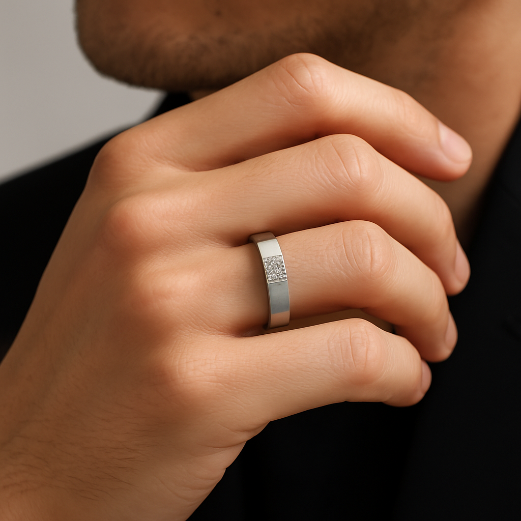 Generated image of a male model wearing the princess-cut diamond ring in small size