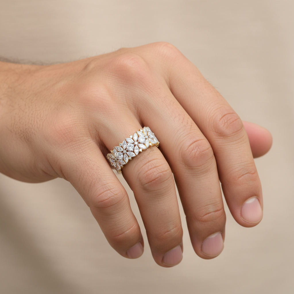 Male model wearing diamond band ring