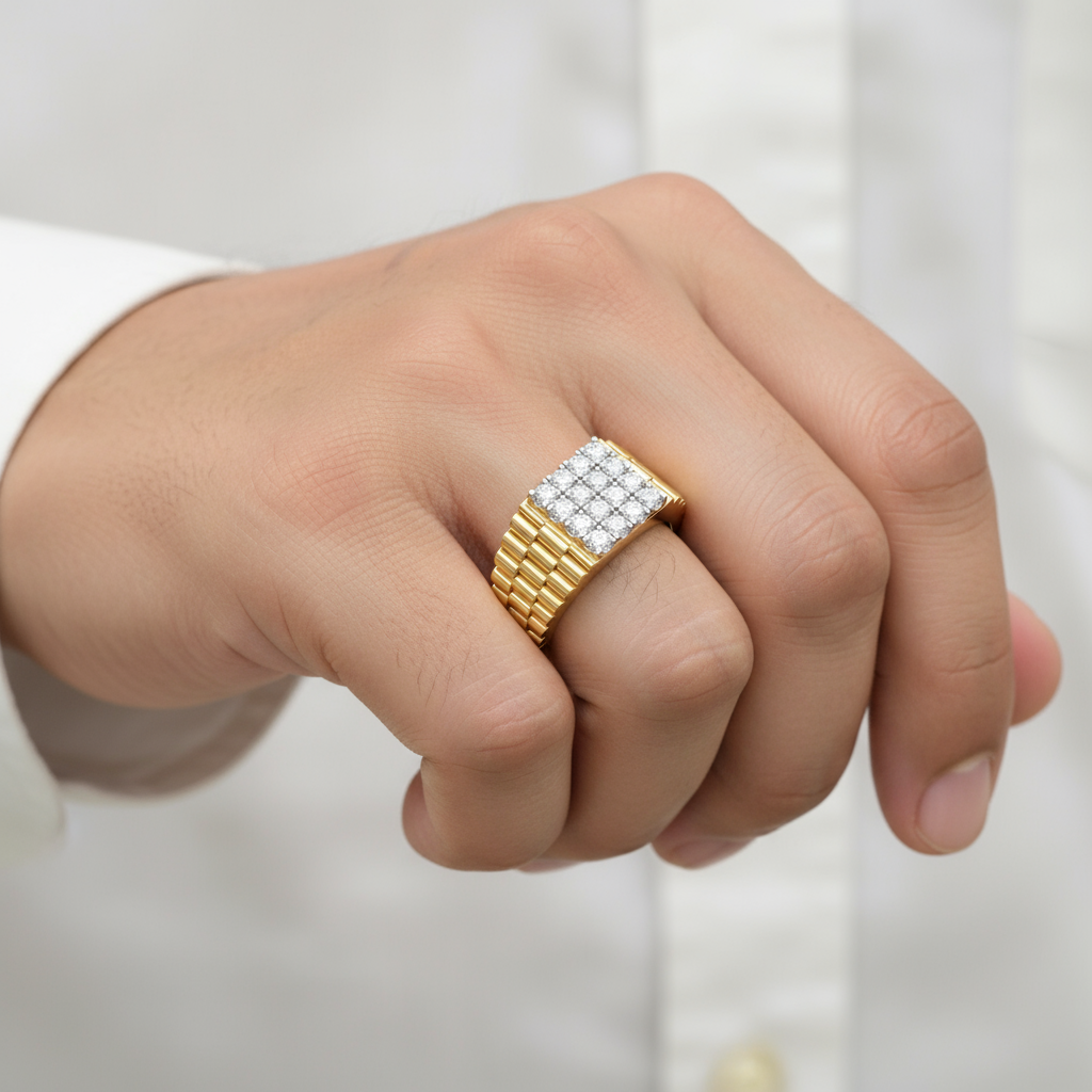 Male model wearing diamond cluster ring