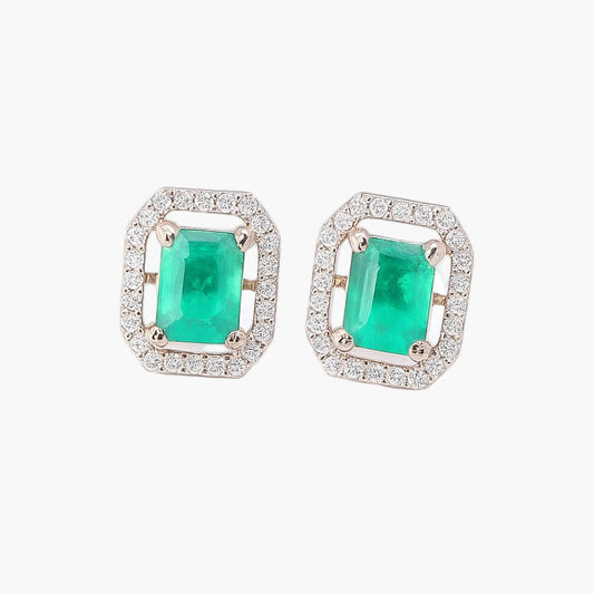 Halo Green Emerald Diamond Earrings