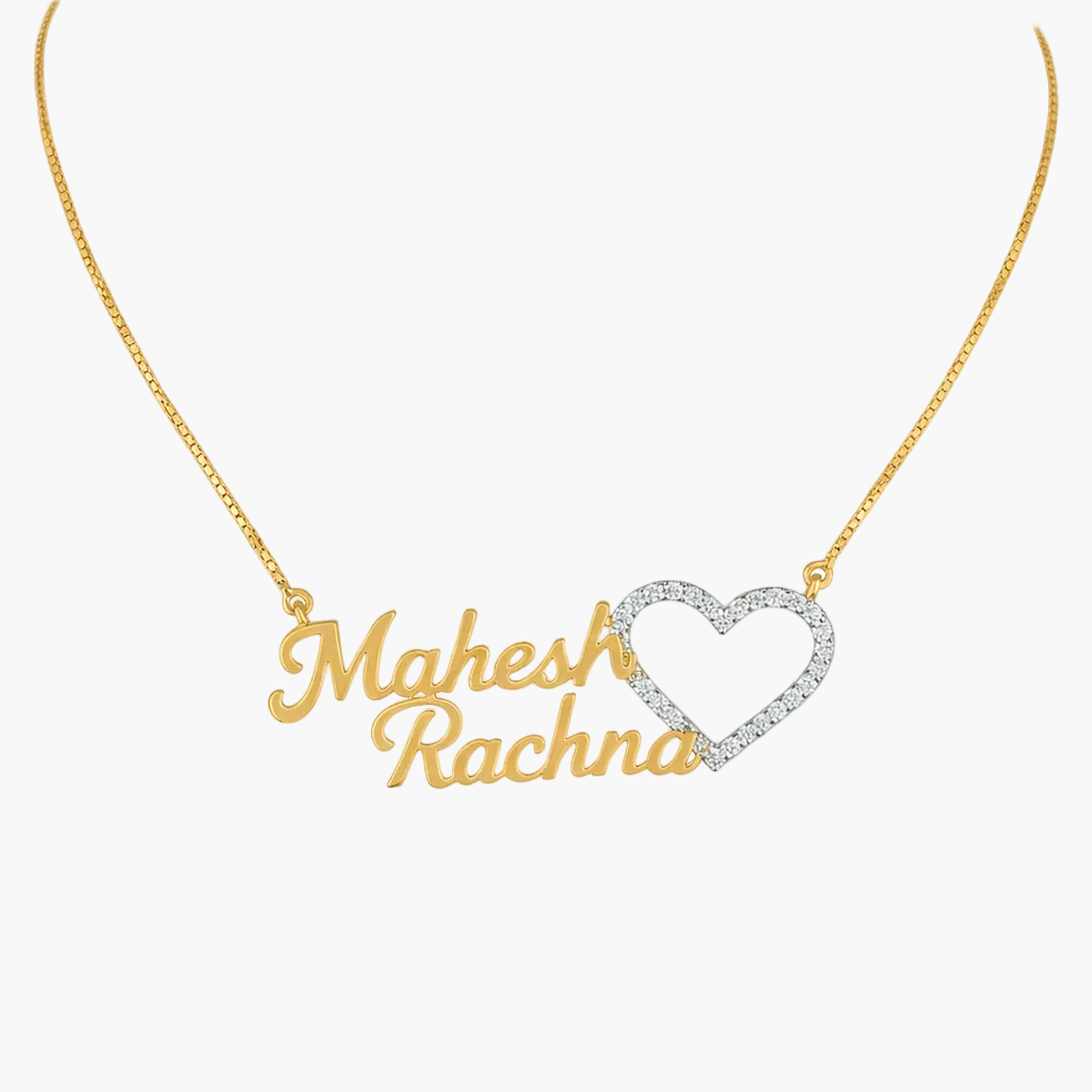 Gold necklace with 'Mahesh' and 'Rachna' on a heart-shaped pendant against a white background