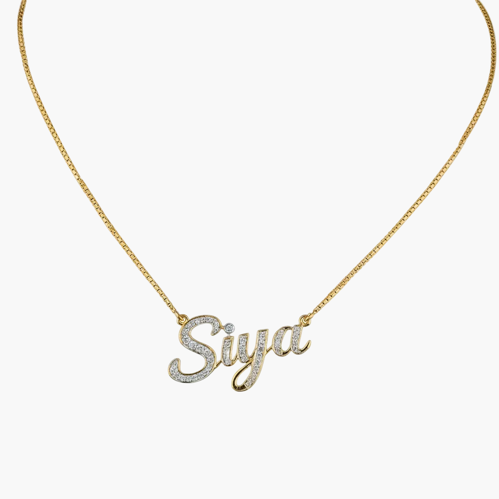 Gold necklace with 'Siya' pendant on a white background