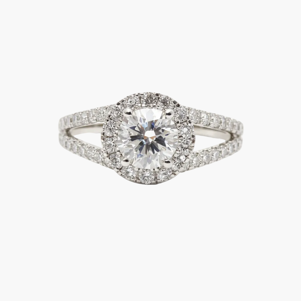 Diamond ring with a white gemstone on a white background