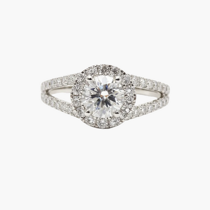 Diamond ring with a white gemstone on a white background