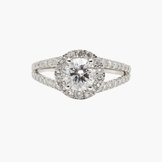 Diamond ring with a white gemstone on a white background