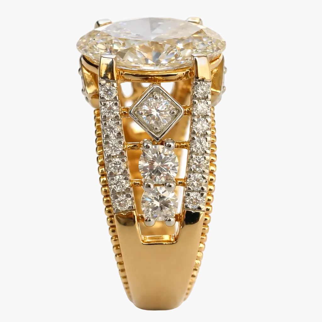 Gold ring with diamond accents on a white background